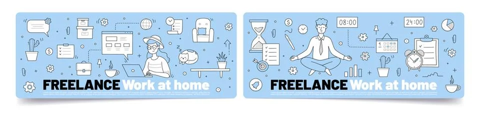 Freelance work at home doodle conceptual banners Stockillustratie