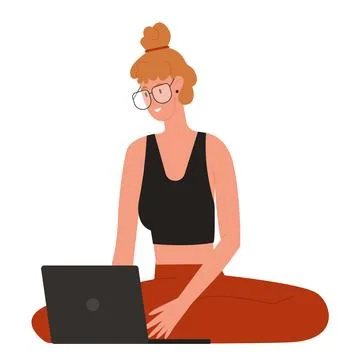 Freelance work in home office, remote job, girl sitting on floor, working with Stock Illustration