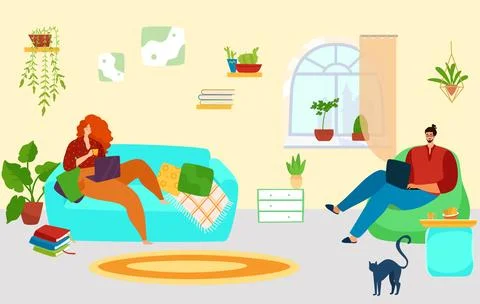 Freelance work at home, vector illustration, flat couple man woman character use Ilustração Stock