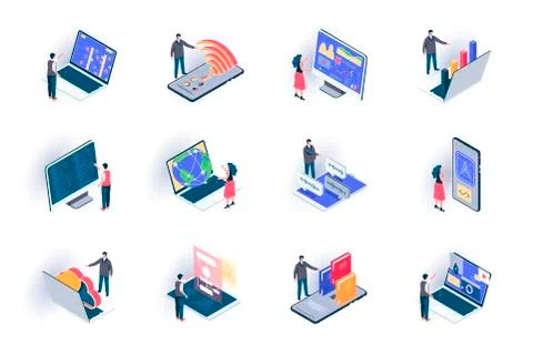 Freelance work isometric icons set. 스톡 일러스트
