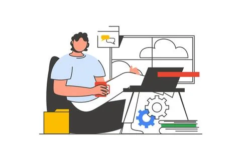 Freelance work outline web concept with character scene. Man doing tasks at.. Stock Illustration