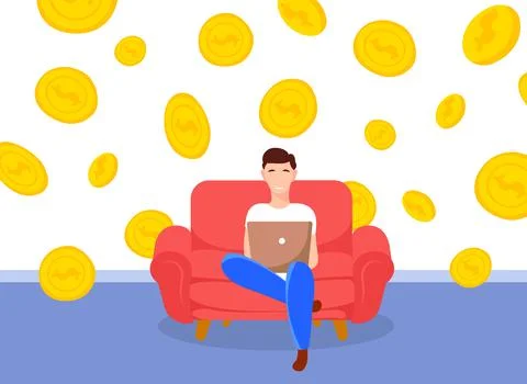Freelance work vector flat concept illustration. Man sitting on sofa, cozy ho 스톡 일러스트