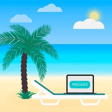Freelance work vector illustration in flat style. Laptop on sunbed under palm Stock Illustration