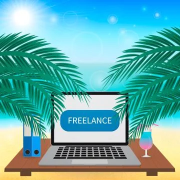 Freelance work vector illustration. Laptop and glass of cocktail on tropical  Stock Illustration