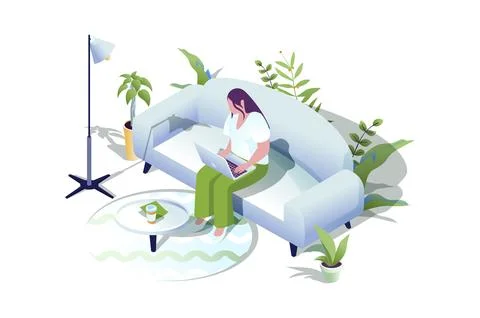 Freelance work web concept in 3d isometric design. People working on laptops  Stock Photos