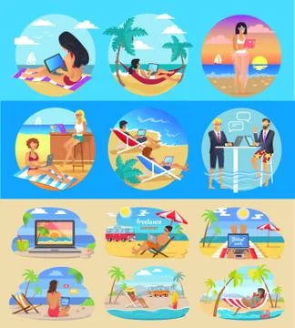 Freelance Workers With Laptops on Exotic Beaches Illustrazione stock
