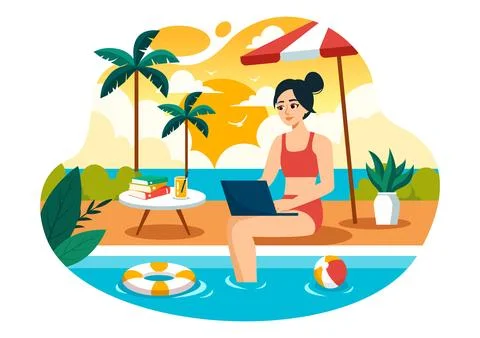 Freelance Workers Relaxing by the Swimming Pool Vector Illustration with Dr.. Stock Illustration
