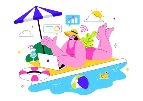Freelance Workers Relaxing by the Swimming Pool Vector Illustration Featuri.. Stock Illustration