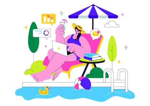 Freelance Workers Relaxing by the Swimming Pool Vector Illustration Featuri.. Stock Illustration