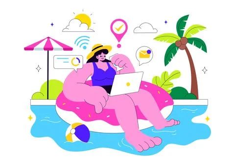 Freelance Workers Relaxing by the Swimming Pool Vector Illustration Featuri.. Stock Illustration