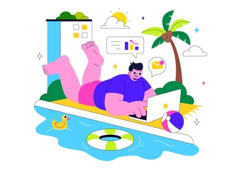 Freelance Workers Relaxing by the Swimming Pool Vector Illustration Featuri.. Stock Illustration