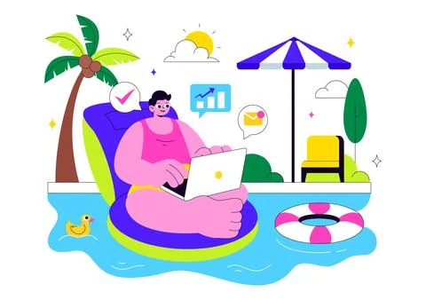 Freelance Workers Relaxing by the Swimming Pool Vector Illustration Featuri.. Stock Illustration