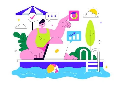 Freelance Workers Relaxing by the Swimming Pool Vector Illustration Featuri.. Stock Illustration