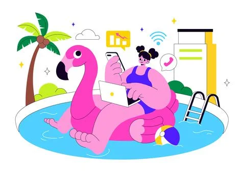 Freelance Workers Relaxing by the Swimming Pool Vector Illustration Featuri.. Stock Illustration