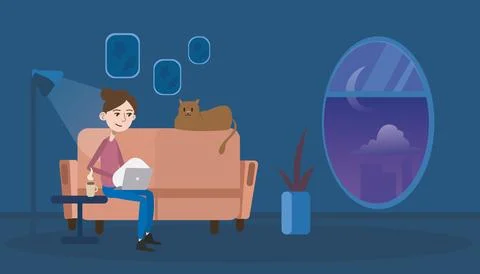 Freelance working on computer, Working online at home. young women, Flat vector. Illustrazione stock