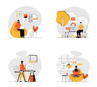 Freelance working concept with character set. Collection of scenes people wor イラスト素材
