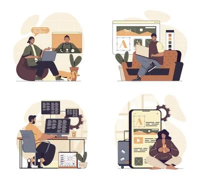 Freelance working concept scenes set in flat web design. People in situatio.. Stock Illustration
