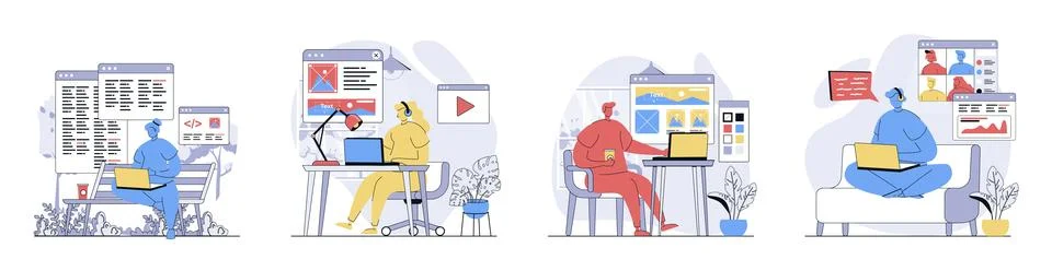 Freelance working concept set in flat design for web. Collection with people  Stock Illustration