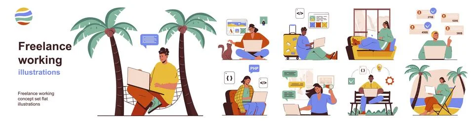 Freelance working concept set Stock Illustration