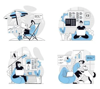 Freelance Working Flat Concepts Stock Illustration