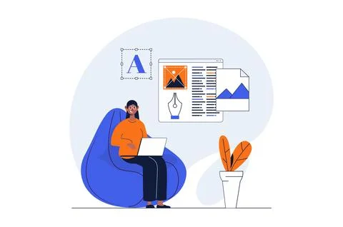Freelance working web concept with character scene. Woman designer creating.. Stock Illustration