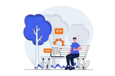 Freelance working web concept with character scene. Man programmer working .. Stock-Illustration