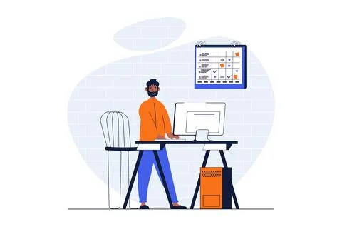 Freelance working web concept with character scene. Man manager planning ta.. Stock Illustration
