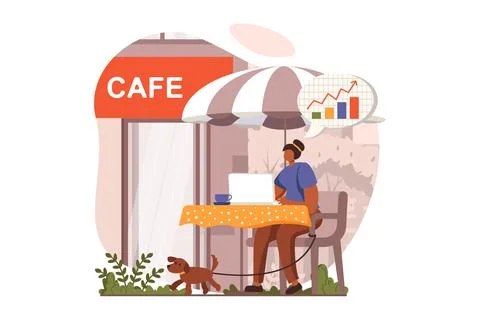 Freelance working web concept in flat design. Woman sitting at table in cafe 스톡 일러스트