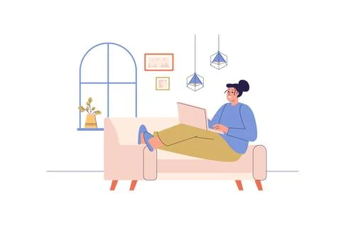 Freelance working web concept with people scene. Woman working remotely as .. Stock Illustration