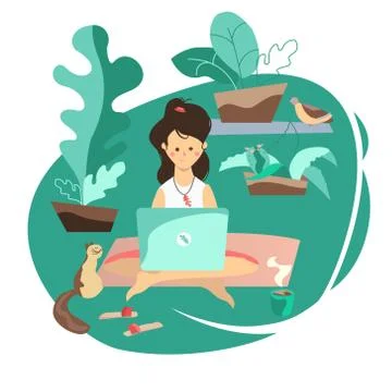 Freelancer and notebook. Workplace in the park. Picnic in garden. girl and cat Stock Illustration