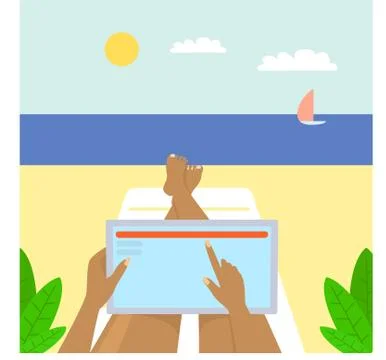 Freelancer beach worker concept banner, flat style Stock Illustration