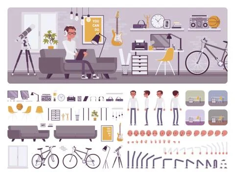 Freelancer boy room creation set Stock Illustration