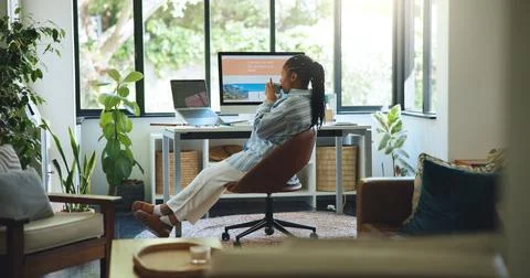 Freelancer, coffee and computer with black woman in home office for web des.. 写真素材