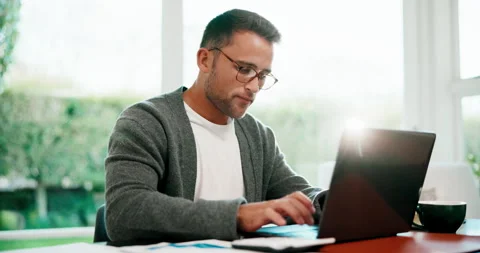 Freelancer, coffee break and man with laptop in home office, think and financial Stock Footage 341435685