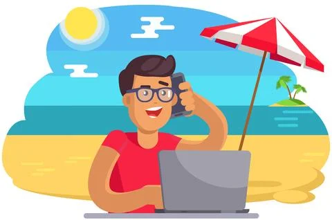 Freelancer with computer and smartphone at beach resort. Man working during Stock Illustration
