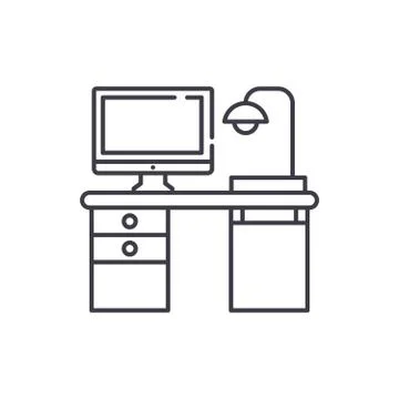 Freelancer computer desk line icon concept. Freelancer computer desk vector 스톡 일러스트