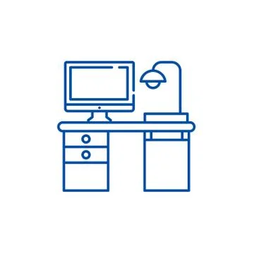 Freelancer computer desk line icon concept. Freelancer computer desk flat vector Illustrazione stock