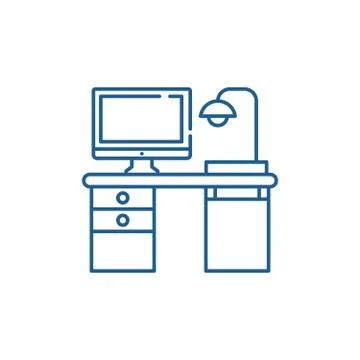 Freelancer computer desk line icon concept. Freelancer computer desk flat vector Stock Illustration