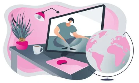 Freelancer in the computer touching the globe. Abstract work from home concept. Illustrazione stock