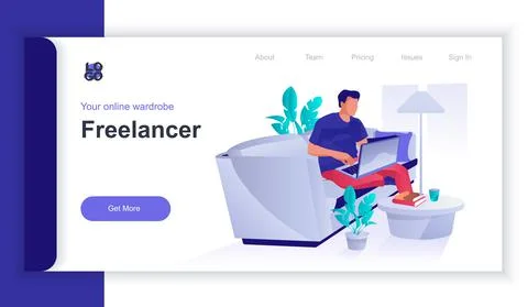 Freelancer concept 3d isometric web banner with people scene. Remote worker Illustrazione stock