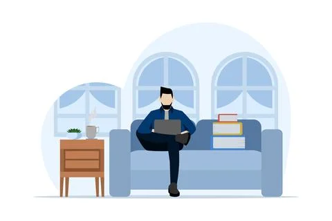 Freelancer concept. Happy freelancer working with laptop at home. Stock Illustration