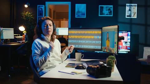 Freelancer dancing on chair while editing photographs, enjoying music Stock Photos