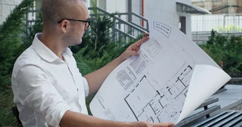 Freelancer designer studies plans of apartment outdoor Video stock 254692133