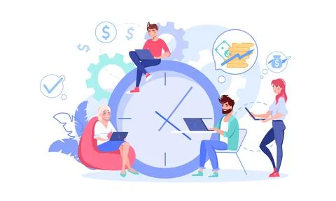 Freelancer developer team working on laptop under giant clock Stock Illustration