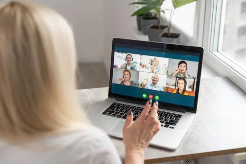 Freelancer, distant working, elearning concept. Young smiling pretty woman Stock Photos