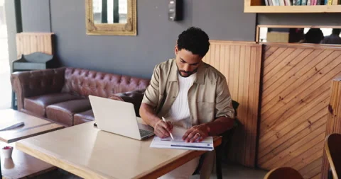 Freelancer, document and man with laptop in coffee shop for remote work, Stock Footage 330041201