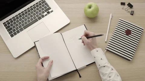Freelancer drawing scheme in notebook. Productivity for business success Stock Footage 83415530