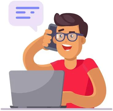 Freelancer during work with technology, multitasking. Man sitting with laptop Stock Illustration