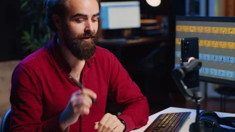 Freelancer filming tutorial on how to use graphic tablet, close up Stock Footage 257498886