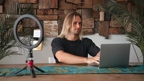 Freelancer guy work remote at home usa. Man typing computer. Online office job. 스톡 동영상 236699667